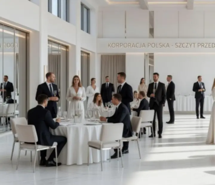 Przegląd eleganckiej sali eventowej z gośćmi podczas wydarzenia korporacyjnego