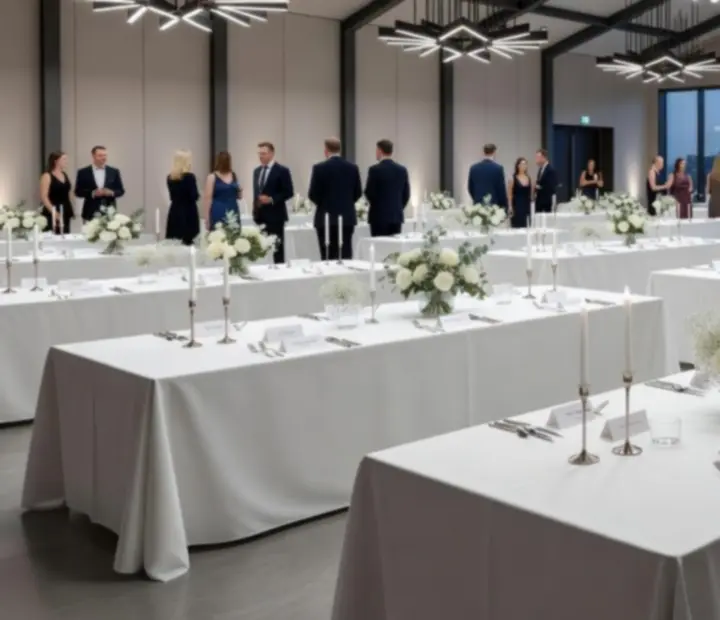 Duża sala balowa przygotowana na galę firmową z elegancką sceną i oświetleniem