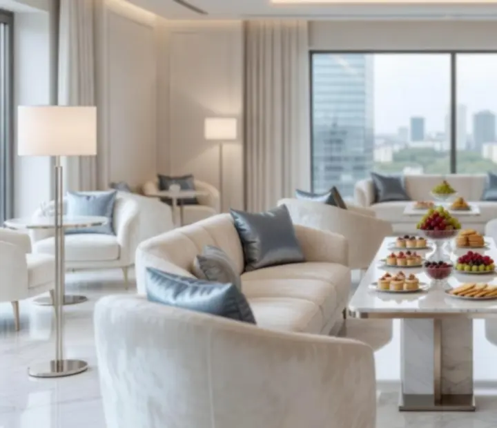 Jasna, elegancka strefa lounge z komfortowymi miejscami do rozmów dla gości biznesowych.
