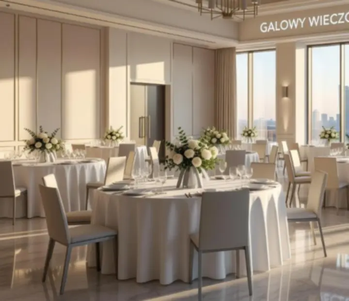 Nowoczesna sala galowa z eleganczną oprawą świetlną i stołami bankietowymi.