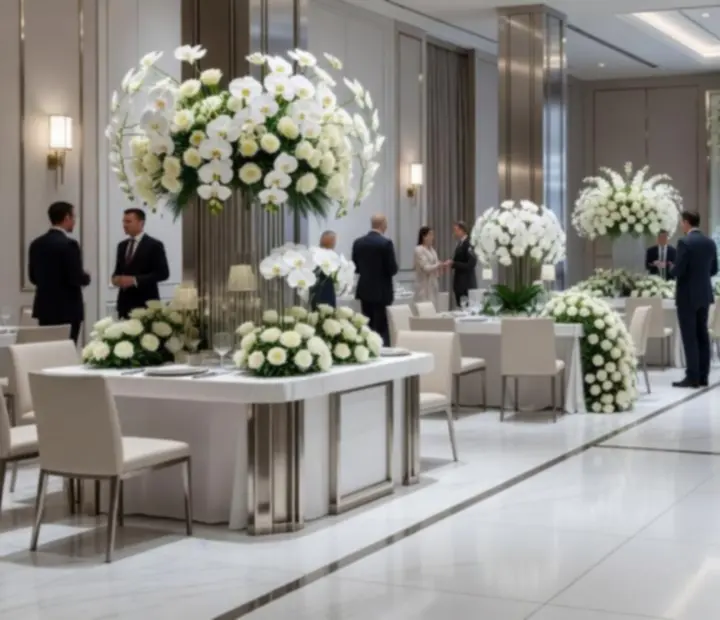 Elegancka sala z tematyczną dekoracją, oświetleniem i florystyką przygotowaną na galę korporacyjną