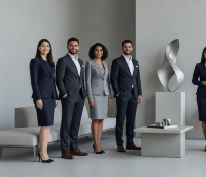Zespół Velokradovia pozuje w eleganckim studio eventowym, gotowy do realizacji wieczornego programu dla klienta korporacyjnego.